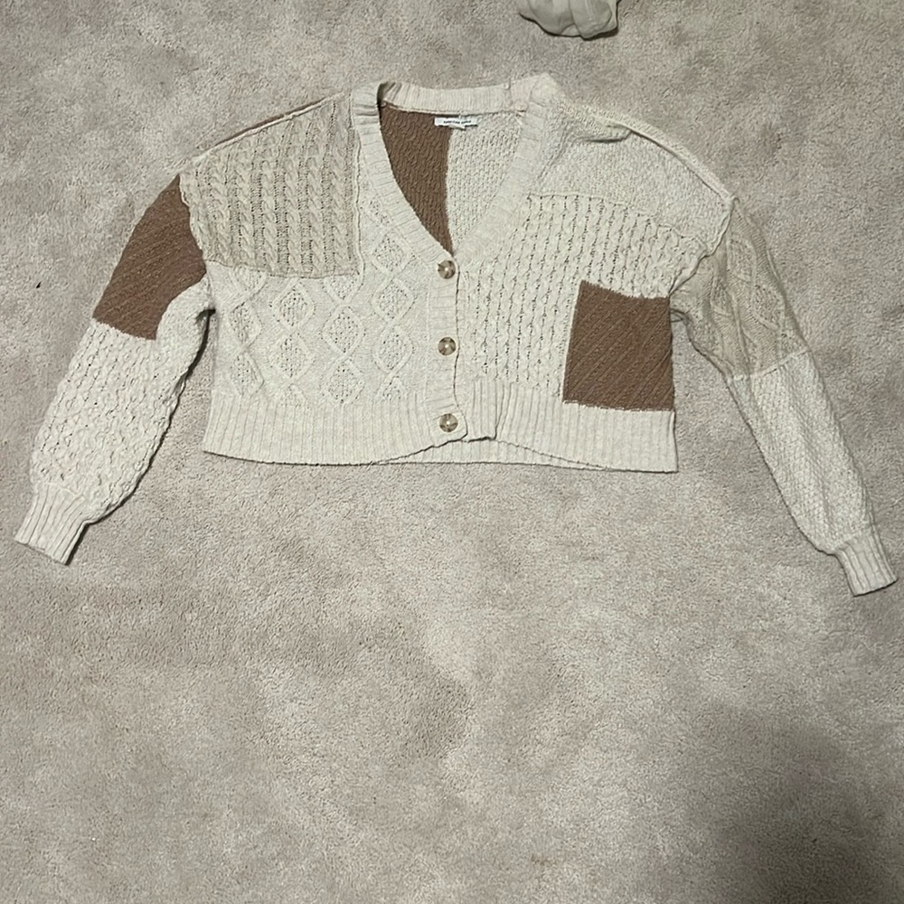 size XS American Eagle Cropped Small Boxy Patchwork tan and brown Cardigan